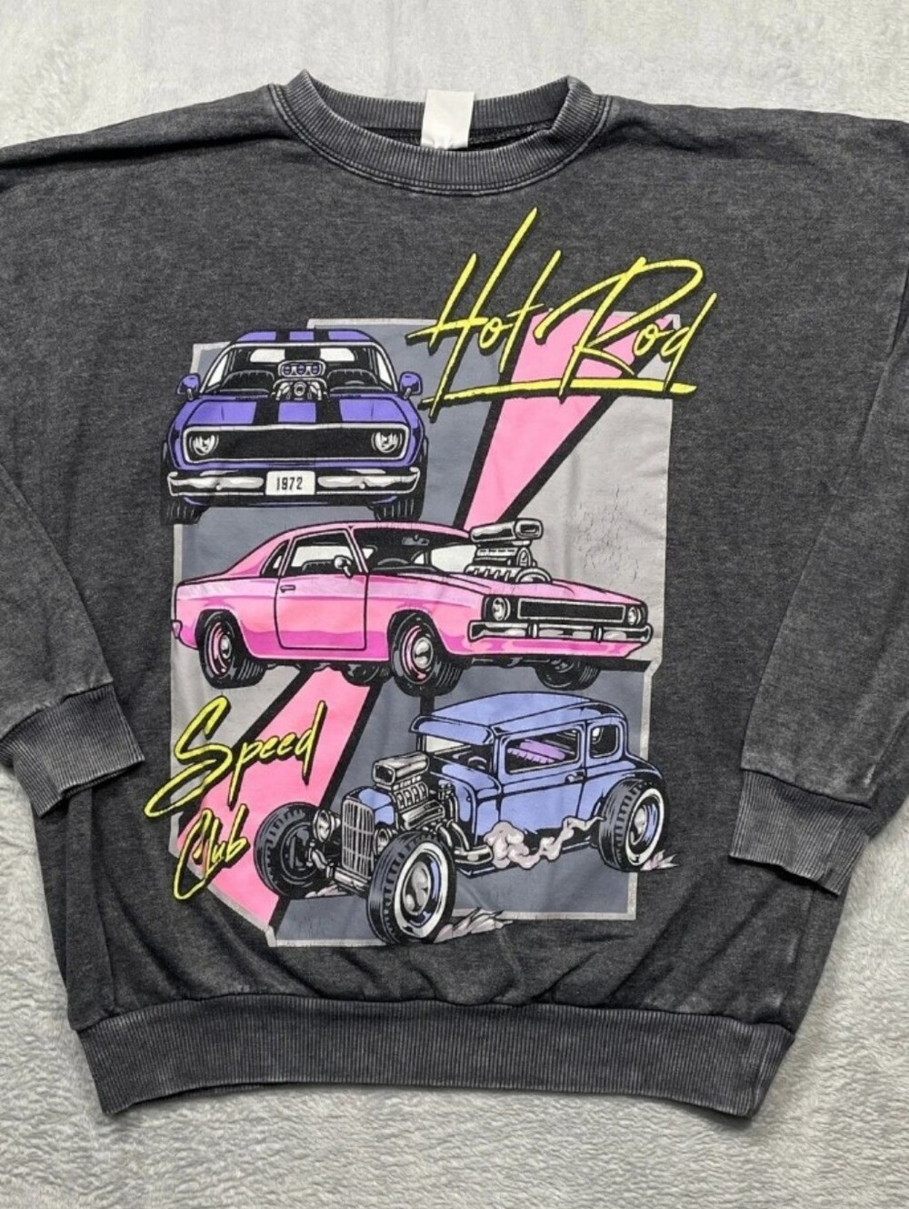 No Boundaries Charcoal Crewneck Sweatshirt with Pink & Purple Racecar Graphics